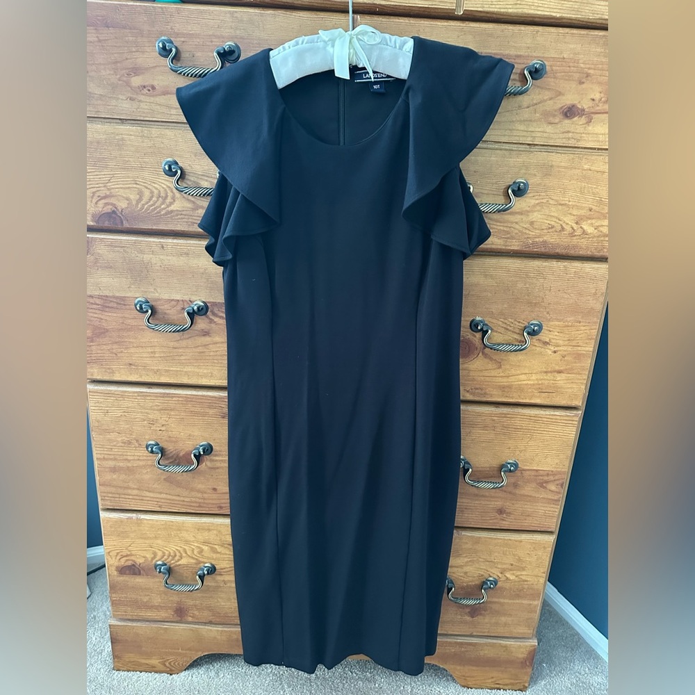 Lands' End Black Midi Dress with Ruffle Shoulders - 10 Tall
